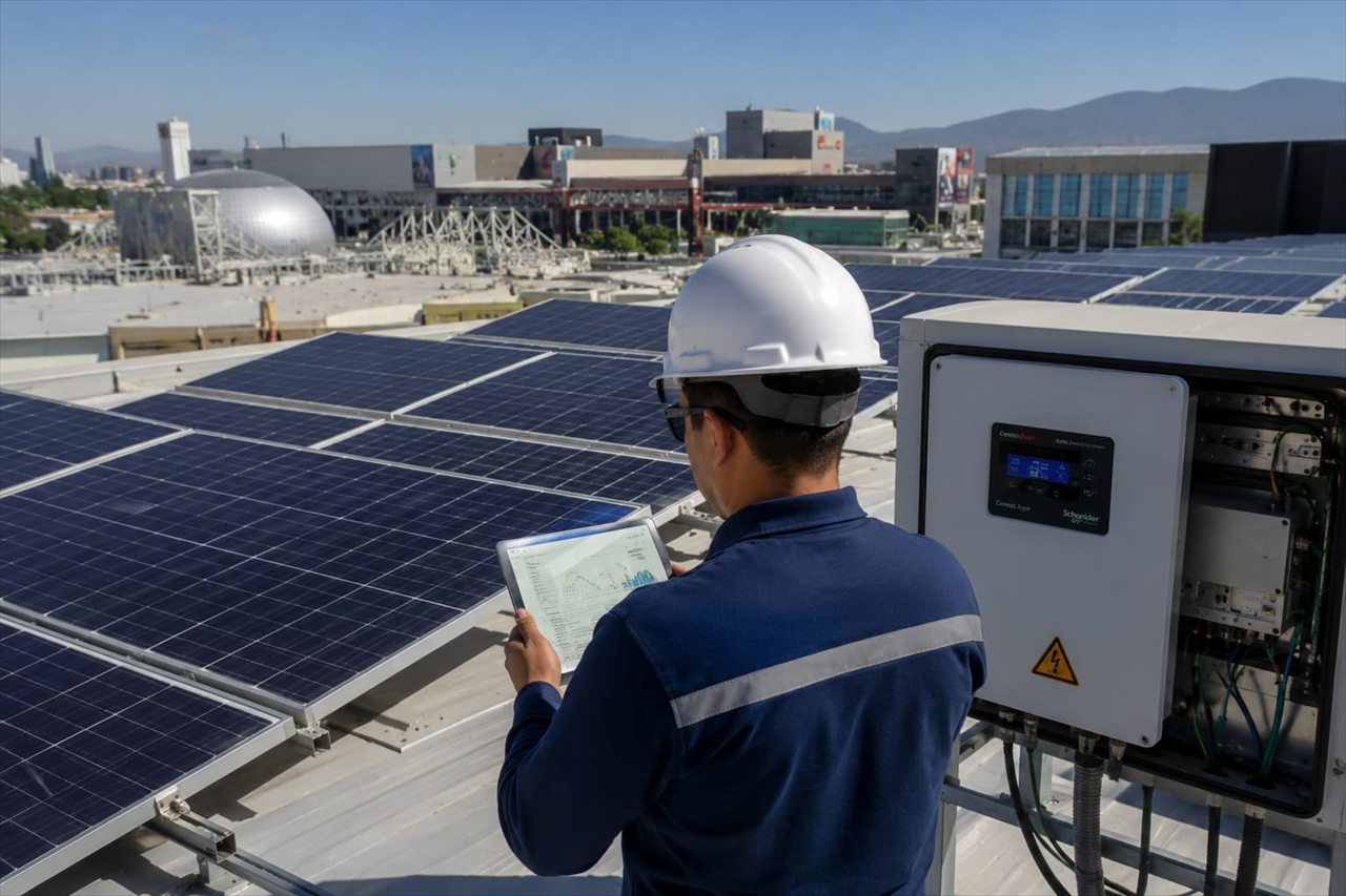 Técnico realizando monitoreo de infraestructura de energía solar en un complejo de gran formato mediante paneles fotovoltaicos y sistema de control energético.