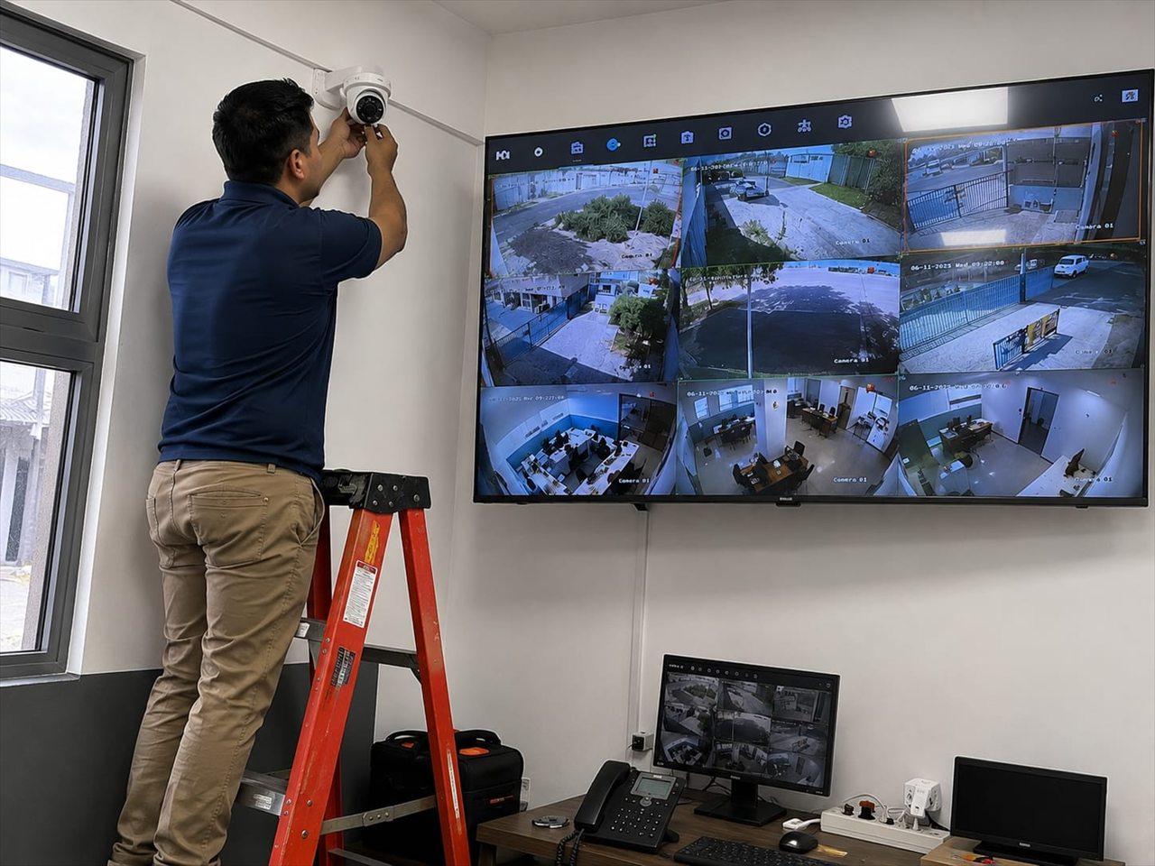 Técnico instalando una cámara y validando el sistema de videovigilancia desde un centro de monitoreo.