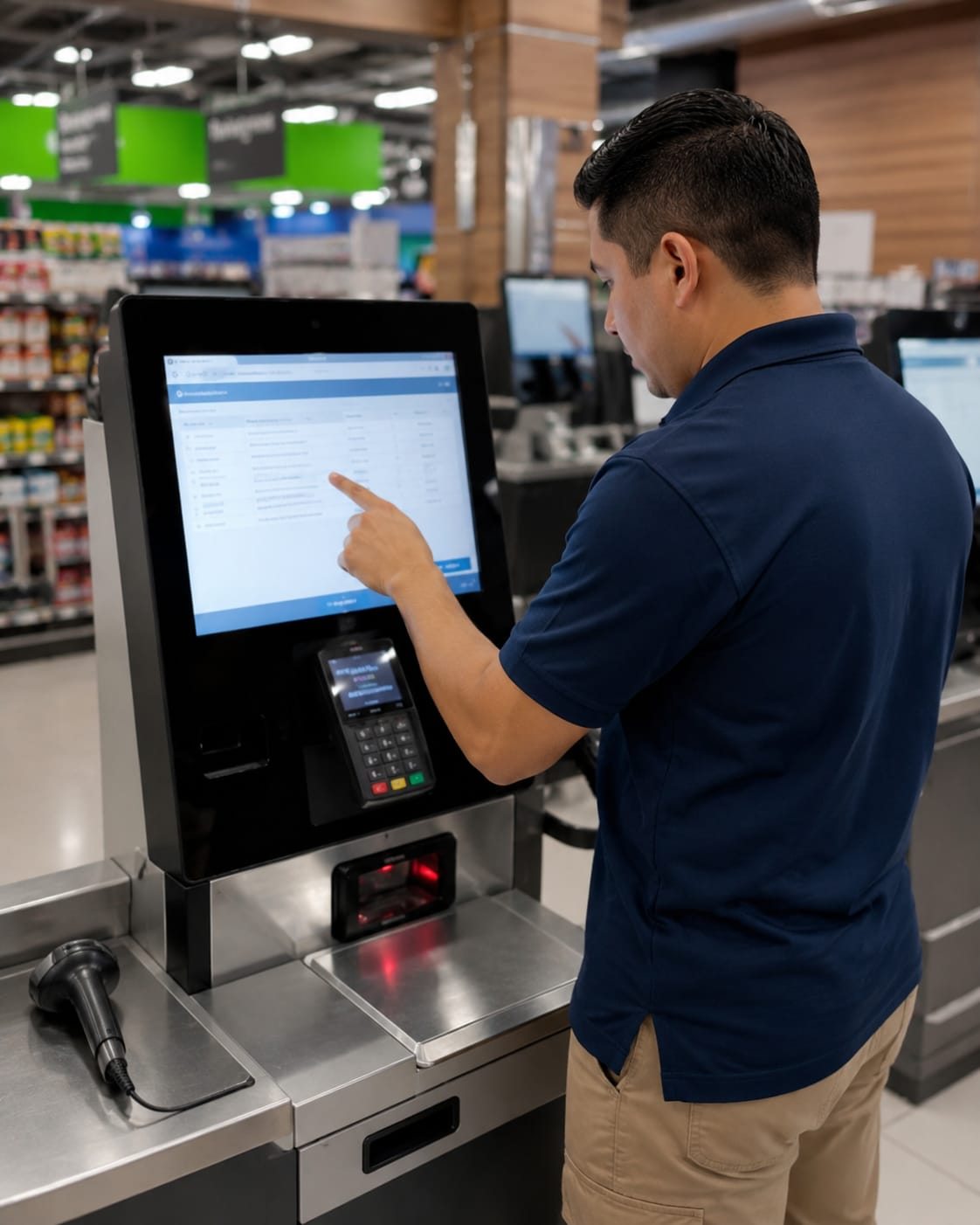 Técnico validando una estación de autocobro implementada en una sucursal de retail.