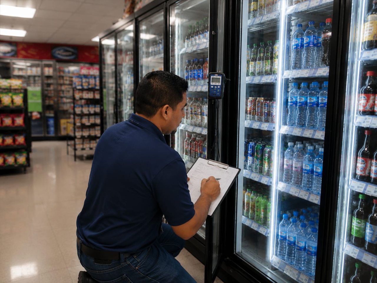 Técnico realizando una inspección operativa de equipos de refrigeración en una tienda de conveniencia.