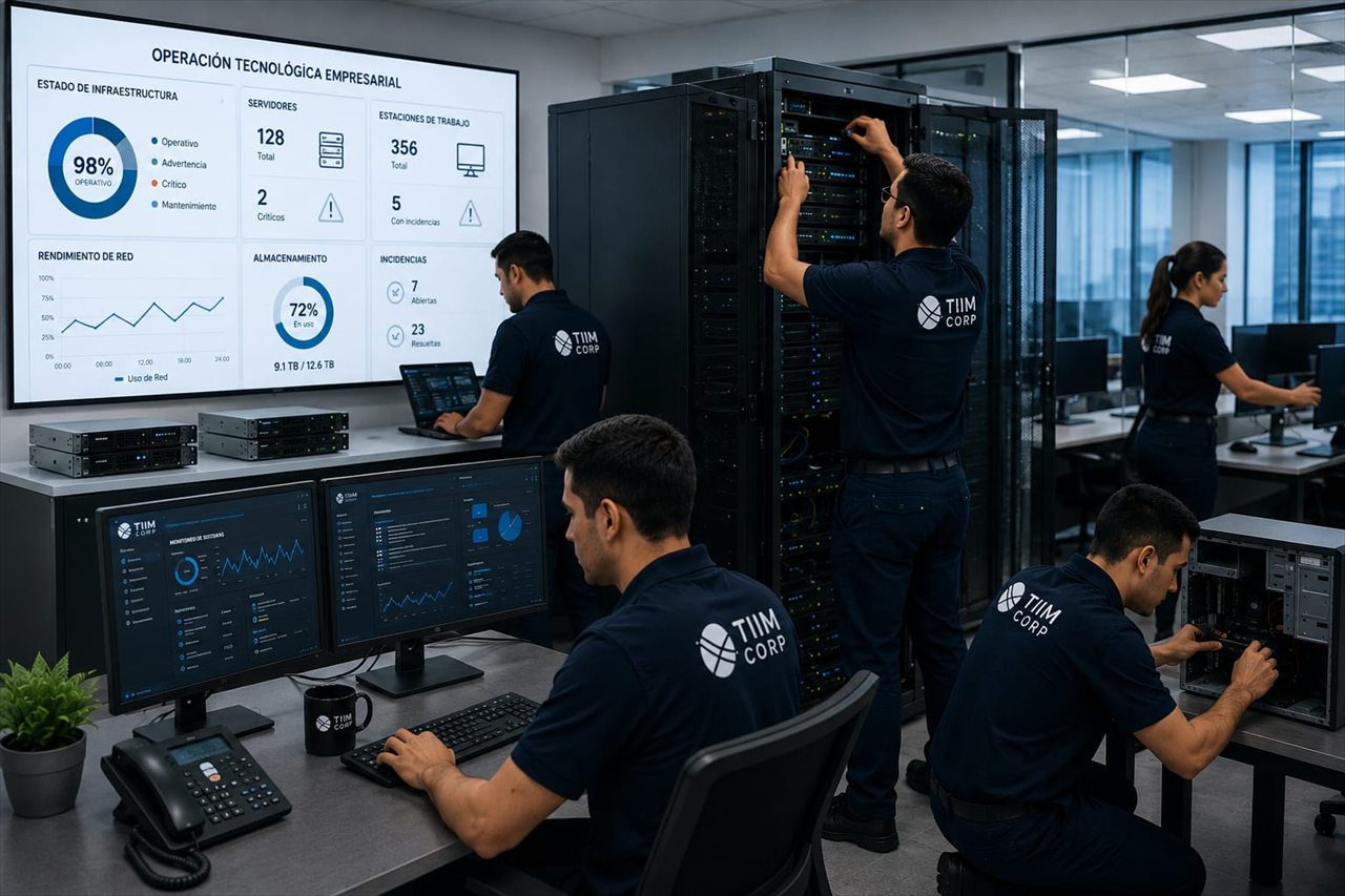 Personal técnico configurando servidores, equipos de cómputo y estaciones de trabajo empresariales