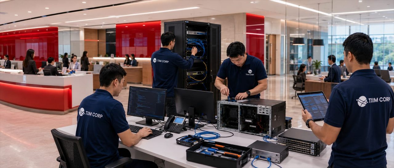 Técnicos implementando infraestructura tecnológica y racks de equipos en un centro de operación