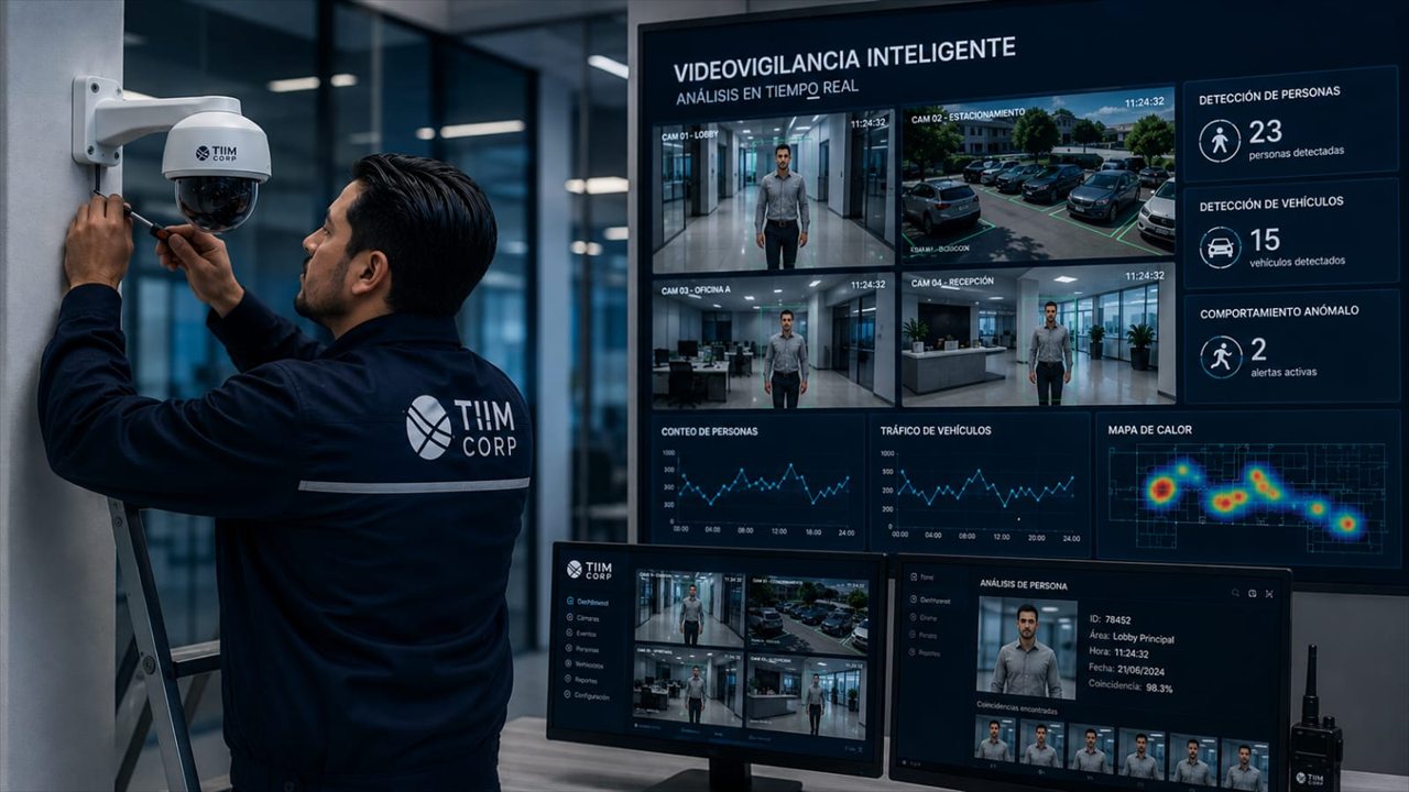 Técnico instalando una cámara de videovigilancia con plataforma de analítica de video